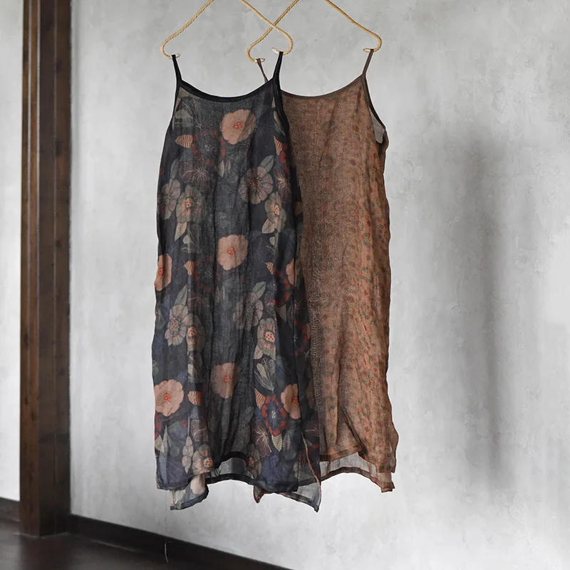 Description Picture 3 of itemWomen Loose Printed Thin Ramie Dress Ladies Vintage Printed Spaghetti Strap Dresses Female 2023 Transparent Dress Summer