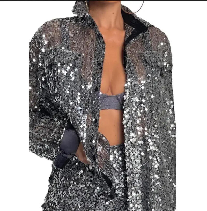 Description Picture 3 of itemWomen Glitter Sparkle Outfits Sequin Bling Outfits Long Sleeve Button Blouse Shirt / Pants Party Club Night Wear Clubwear