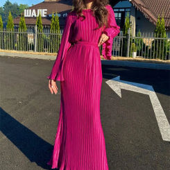 Tossy Ruffled Lace-Up Ribbed Maxi Dress For Women Long Sleeve Fashion High Waist Elegant Party Dress Autumn Bandage Ladies Dress