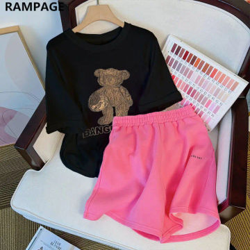 Cotton Bear Printed Sportswear Shorts Suit Women Summer 2023 Fashion Streetwear Short Sleeve T-shirt + Casual Shorts 2 Piece Set