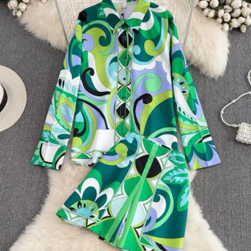 Two Piece Sets Womens Outfits Fashion All Over Print Turn-Down Collar Long Sleeve Shirt & Wide Leg Shorts Set 2022 Summer