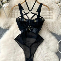 Sexy Women's Bodysuits Lingerie-Intimate Erotic Mesh Strappy Rompers in Slim Hollow Combination Catsuits Design for Fashionabl