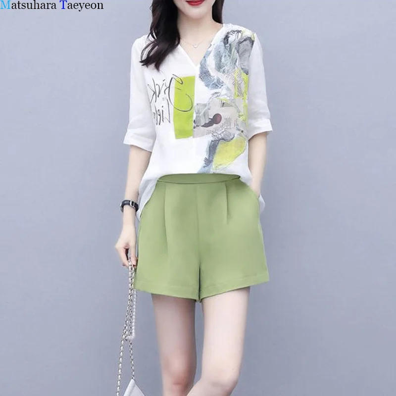 Description Picture 2 of itemWomen's Summer New Two Piece Loose Tops and Loose Shorts Casual Fashion Suit for Women V-Neck Print Retro Style Two Piece Set