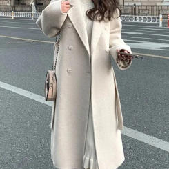 Korean Fashion Women Casual Loose Woolen Coat Elegant and Chic Solid Outerwear Long Overcoat with Belted Female Warm Cloak