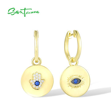 SANTUZZA Pure 925 Sterling Silver Earrings For Women Blue Spinel White CZ Hamsa Hand Evil Eye Drop Earrings Trendy Fine Jewelry