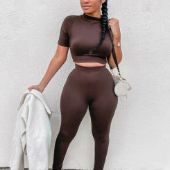 Hugcitar Solid Women 2 Piece Set Short Sleeve Crop Top High Waist Leggings Outfits Sportswear Matching Co ords Suit Clothes