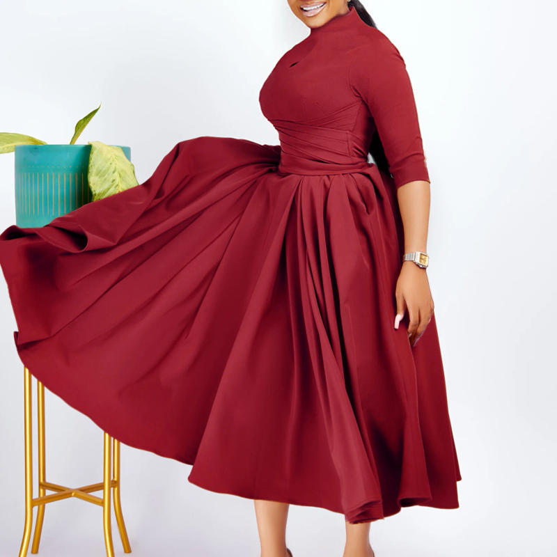 Description Picture 6 of itemHigh-street Women's Autumn New Products Sell Well Long-sleeved High-necked Fashion Temperament Waist Big Swing Light Cooked Dres