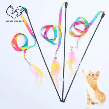 Simulation Feather Interactive Cat Toy Satin Ribbon Bell Cat Stick Toys Kitten Playing Teaser Wand Toy Cat Supplies Accessories