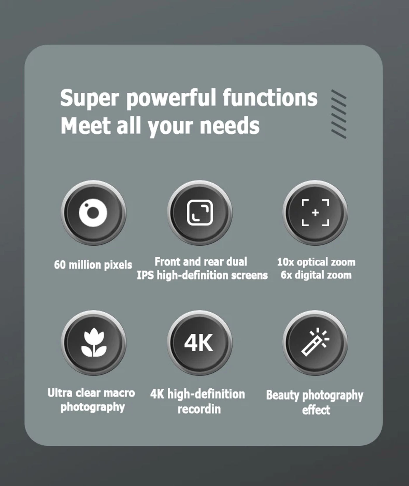 Description Picture 3 of itemPortable 4K Ultra Clear Macro 60 Megapixel Front And Rear Dual IPS HD Sreen 10x Optical Zoom 6x Digital Zoom Digital Camera