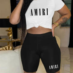 Printed casual two-piece set, round neck short sleeved T-shirt and slim fitting bicycle shorts set, women's clothing