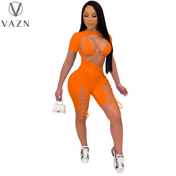 VAZN 2021 Summer Casual Bandage Suits Special Holiday O-neck Short Sleeve O-neck Two Piece Set 2 Piece Set Women Top And Pant