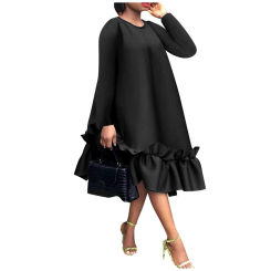 Autumn Fashion Ruffle A-line Dress Women's Round neck Long Sleeved Solid Loose Ruffle Casual Loose casual large size Dress Women