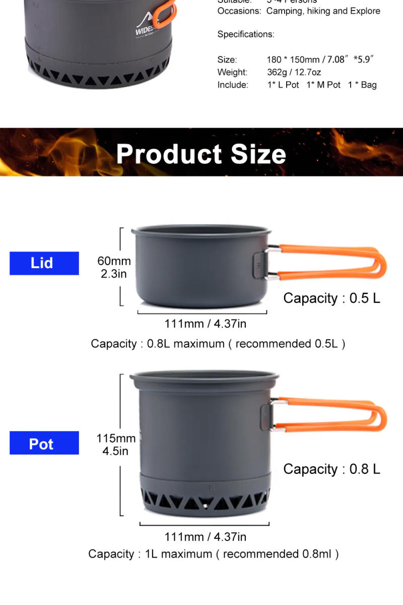 Description Picture 3 of itemWidesea Camping 1.3L 2.3L Cookware Outdoor Cooking Set Heat Cooker Travel Tableware Pot Kettle Tourist Kitchen Utensil Equipment
