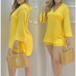Solid Color Flare Long Sleeve V Neck Blouses Shorts 2 Piece Set Fashion Women Spring Summer Yellow White Short Sets