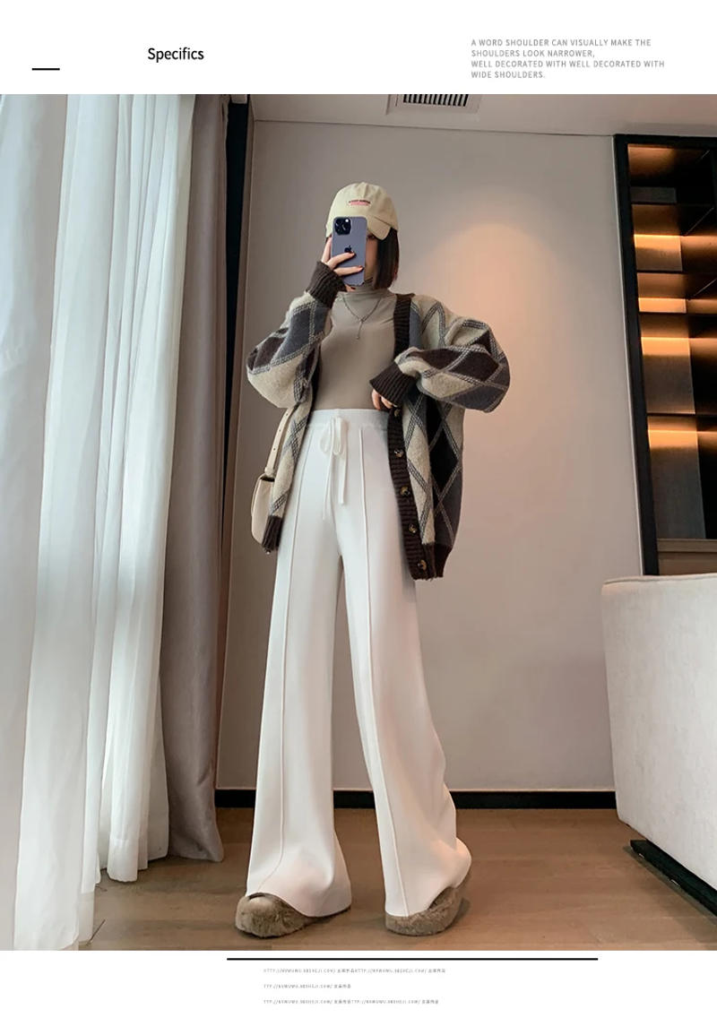 Description Picture 6 of itemJielur Knitting Loose Straight Winter Women Pants Lace-up Simple High Waist Chic Thick Basic Female Wide Leg Pants Streetwear