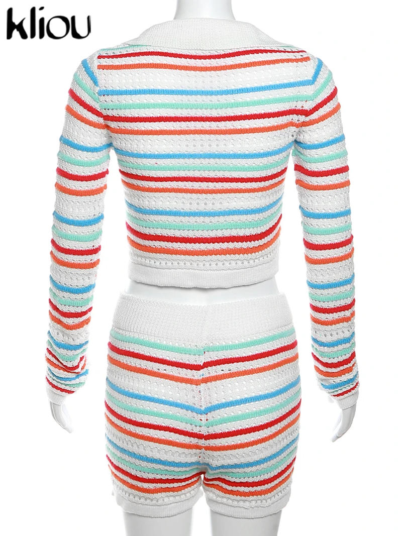 Description Picture 4 of itemKliou Autumn Knitted Full Sleeve 2 Piece Set Women Casual Striped Patchwork Lapel Crop Tops+High Waist Shorts Female Streetwear