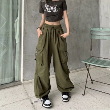 Zoki 100% cotton Y2K Cargo Pants Women Hip Hop Streetwear Casual Trousers American Retro High Waist Pockets Bf Wide Leg Pants