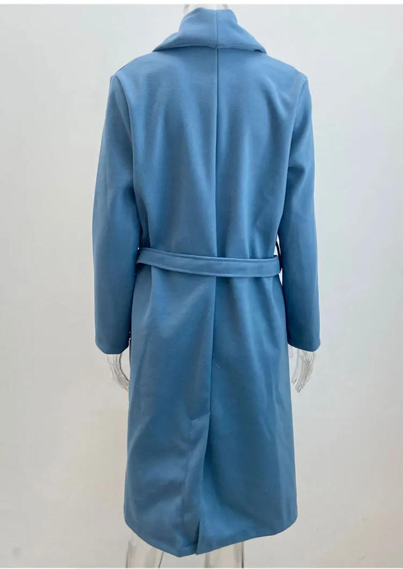 Description Picture 4 of item2023 Autumn/Winter New Women's Solid Color Simple Long Sleeve Windbreaker V-Neck Button Coat Lacing Wool Coat Long Style