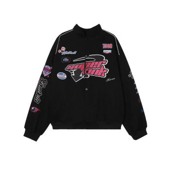 QWEEK Streetwear 90s Zip-up Racer Jacket Women Y2K Vintage Letter Print Bomber Jackets Oversized Korean Style Racing Outerwear