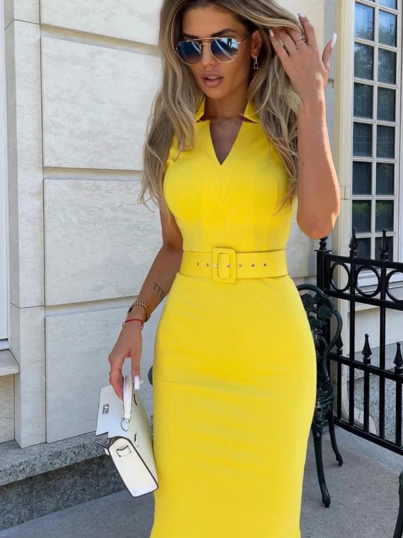 Description Picture 4 of itemYellow Midi Bandage Dress for Women 2023 Elegant Evening Party Dress Bodycon Sexy Belt Waist Birthday Club Outfit 2022 Summer