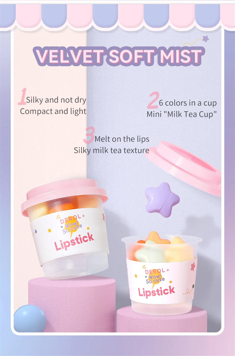 Description Picture 4 of itemCute Makaron Mini Lipstick Set Matte Velvet Capsule Star Design Sexy Lip Makeup Lasting Waterproof Lip Tint Girl Gift Cosmetics