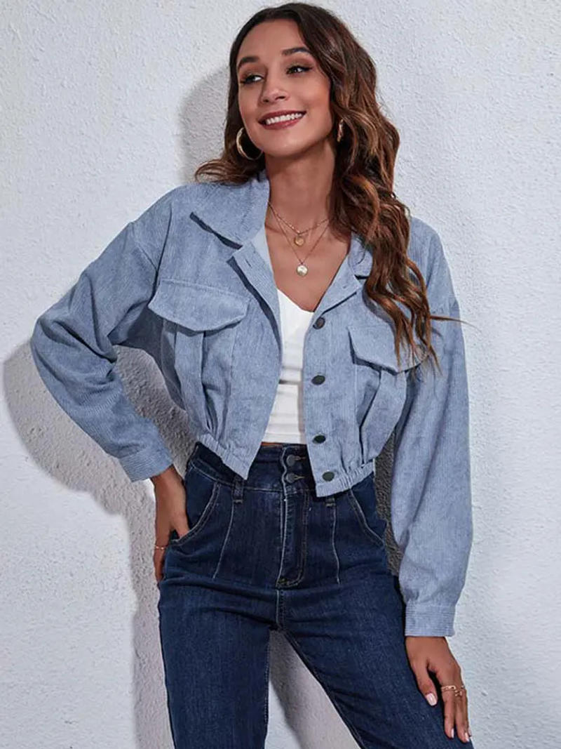 Description Picture 6 of item2023 Autumn Cropped Jacket Coat Women Overshirt Short Corduroy Jacket Ladies Autumn Button Up Jackets For Women