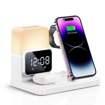 6 In 1 Wireless Charger Stand Alarm Clock Lamp Foldable Charging Dock Station for iPhone 14 13 12 11 Pro Max iWatch 8 7 AirPods