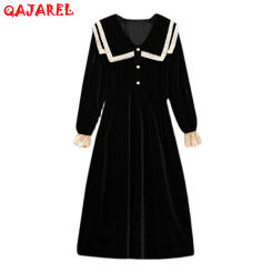Women Black Hepburn Velvet Midi Dress Autumn Winter Korean Vintage Casual Long Sleeve Dress 2023 Elegant Bodycon Party Vestidos