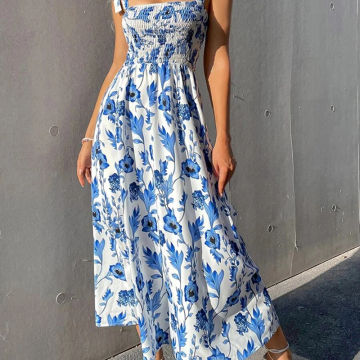 Sexy Floral Long Dress Women Fashion Backless Sleeveless Bandage Beach Sundress Casual Green Summer Ladies New In Dresses 2023