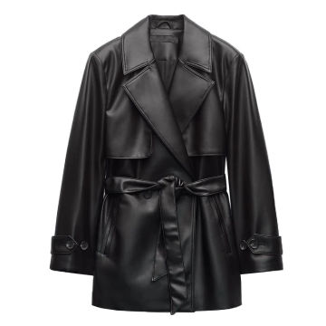 Women's Autumn Winter New Faux Leather Short Jacket Lapel Collar Long Sleeves  Pockets Self-belt Double Breasted PU Trench Coat