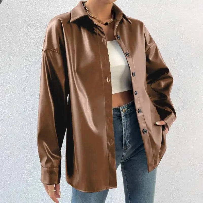 Description Picture 5 of item2023 Autumn Lapel Collar Coats ZANZEA Women Bomber Jackets Streetwear PU Leather Long Sleeve Blazer Oversized Buttons Outerwears