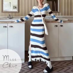 Striped Knee Length Dress for Autumn Women's New French High-end Woolen Dresses Medium Length Autumn/winter Knit Bottom Layer