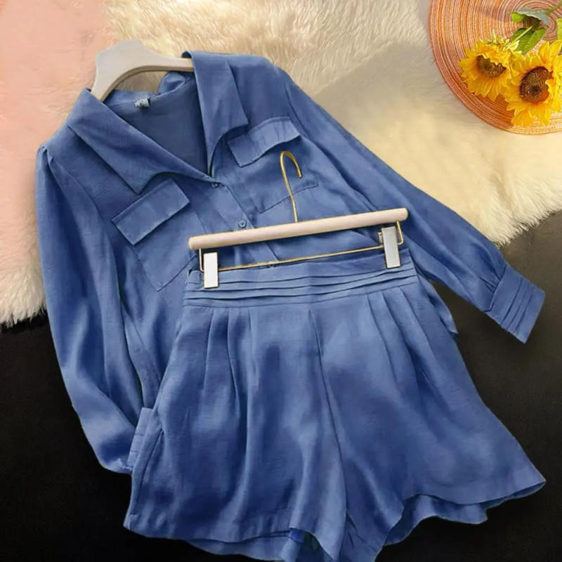 Description Picture 5 of item2Pcs/Set Women Shirt Shorts Lapel Patch Pockets Lady Top Shorts Set Single-breasted Loose Top Elastic Waist Shorts Set