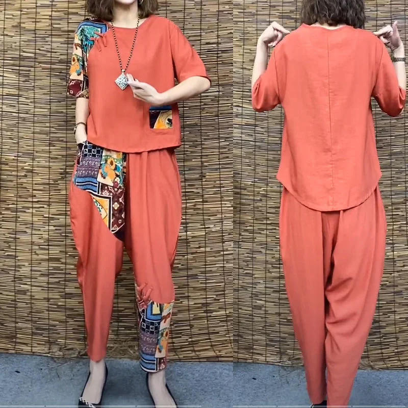 Description Picture 3 of itemWomen's Casual Suit 2023 Summer New Slim Short Sleeve T-Shirt Top Harlan Cropped Pants Plus Fashion Cotton Linen 2 Two Piece Set