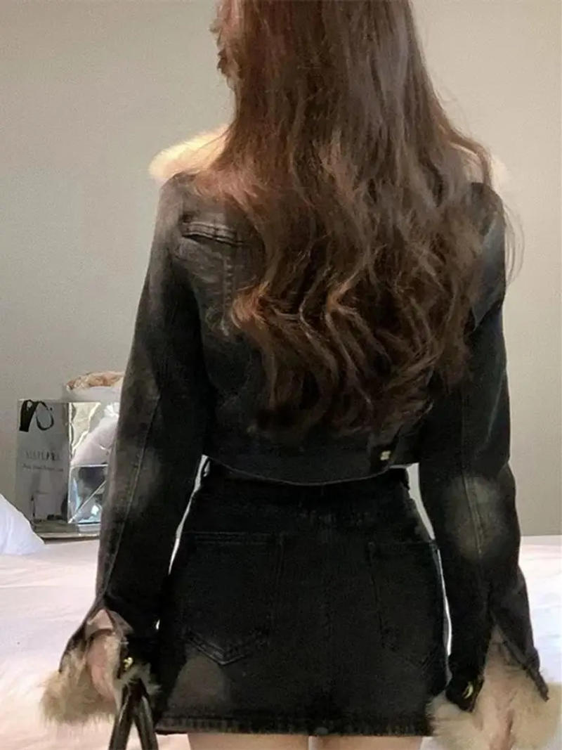 Description Picture 5 of itemDesign Sense Niche Patchwork Fur Collar Jacket Denim Short Coat Women Autumn Winter 2023 New Outerwear Casual Versatile Street