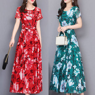 Summer Women Slim Fit O-Neck Floral Print Short Sleeve Tight Waist Maxi Dress