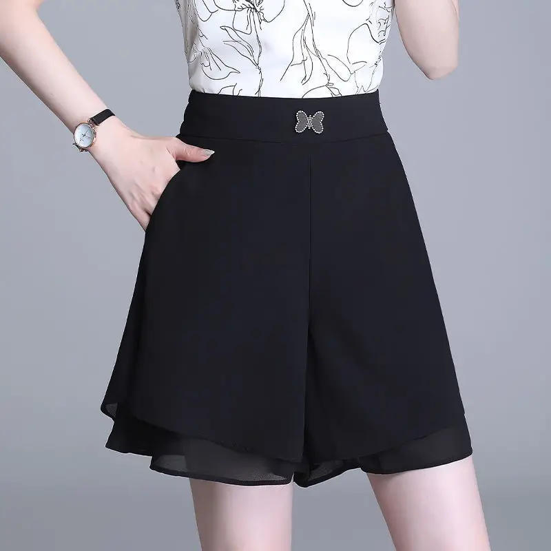 Description Picture 4 of item2023 Summer Chiffon Shorts for Women Double Layer High Waist Wide Leg  Casual Loose Skirt  Korean Ladies Black E106