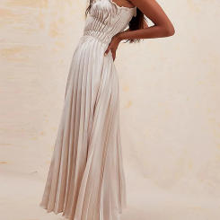 Women s Summer Slip Maxi Dress Sexy Solid Color Spaghetti Strap Lettuce Trim Pleated Long Flowy Beach Casual Dress