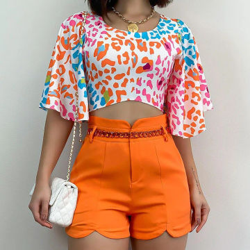 Leopard Print Bell Sleeve Top & Shorts Set Women Spring Summer T Shirt High Waist Shorts Pants O Neck Sexy