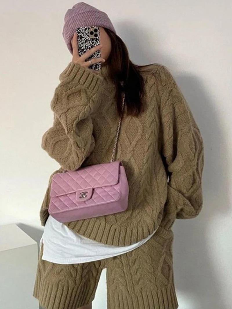 Description Picture 5 of item[EWQ] Women Turtleneck Solid Plaid Sweater+Waist Elastic Twists Knit Shorts 2023 Autumn Winter New Casual 2 Piece Set 16U3937