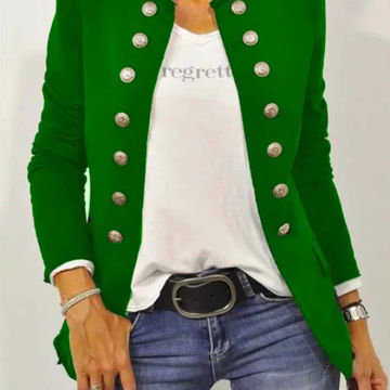 Fall 2023 solid black gray green/navy blue jacket Women long sleeve stand collar button decoration open stitch coat