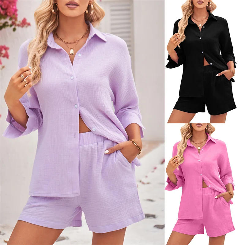Description Picture 2 of item2023 Summer Two-piece Suit Women Cotton Casual Sets Three Quarter Bat-sleeve Shirt Top Blouses Elastic-waist Shorts 2-piece Sets