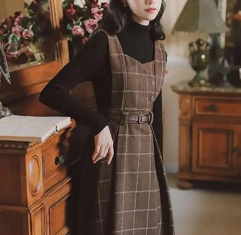 Description Picture 4 of itemWinter Vintage Dark Academia Dress Y2k Woolen Vest Sweater Dress French Vintage Prairie Fall Cottagecore Maxi Dress for Women