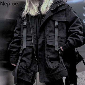 Neploe Korean Streetwear Harajuku Black Denim Jacket Oversized Pockets Women Jeans Jackets Loose BF Vintage Casual Coats 39106