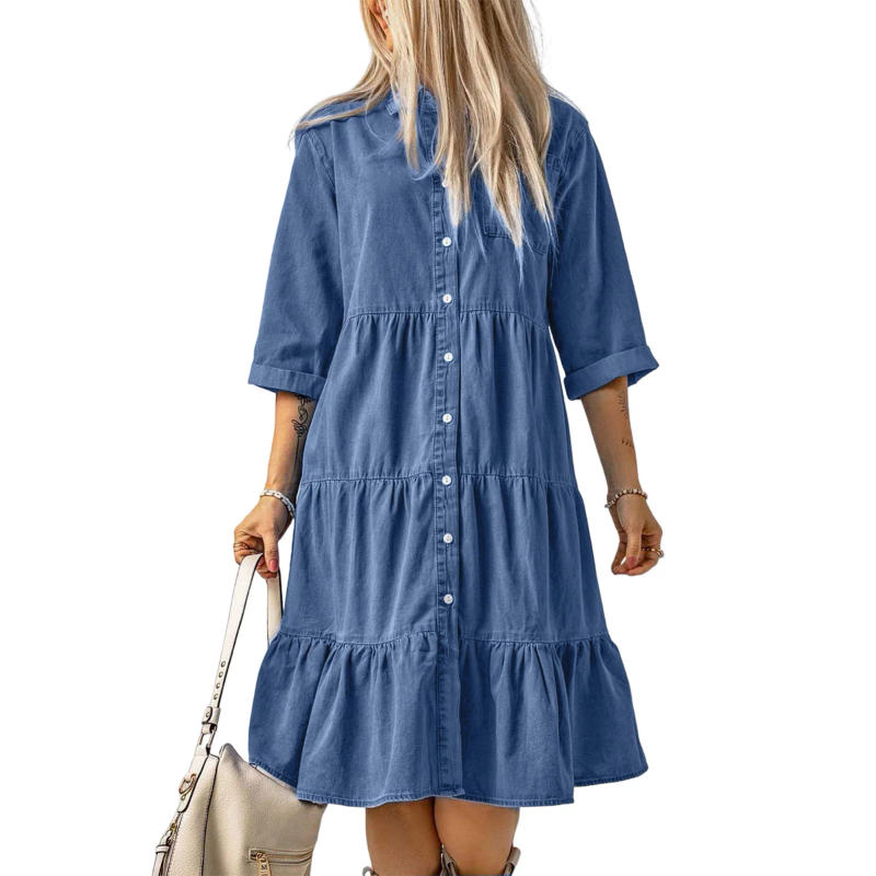 Description Picture 6 of itemWomen Single Breasted Solid Color Denim Shirt Dress Three Quarter Sleeve Turn Down Collar Pleated Dress Classic Streetwear Suit