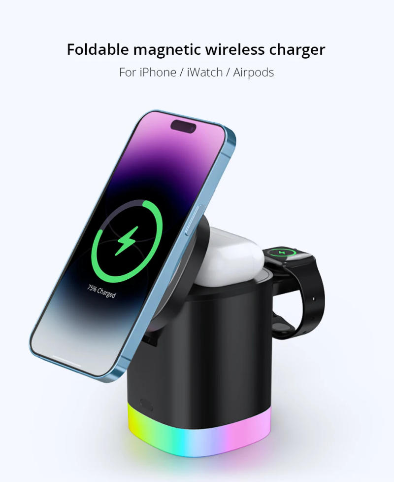 Description Picture 2 of itemRGB Light 3 in 1 Magnetic Wireless Charger Stand For iPhone 14 13 12 Apple Watch 8 7 6 Airpods iWatch Fast Charging Dock Station