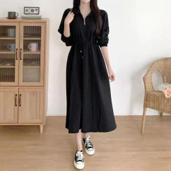Korean Fashion Black Long Sleeve Lace-up Autumn Office Lady Dress Chic And Elegant Woman Dress Female Clothing Elegant Gown 2023