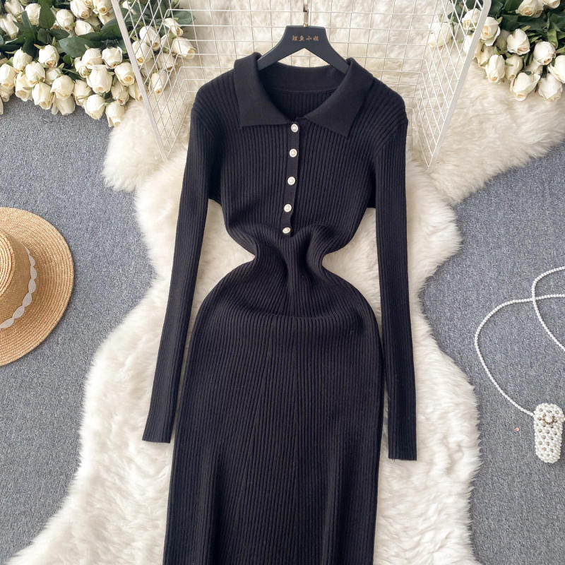 Description Picture 6 of itemSINGREINY Lapel Knit Long Dress Elegant Long Sleeve Button Elastic Waist Solid Fashion Ladies Casual Ribbed Sweater Dresses