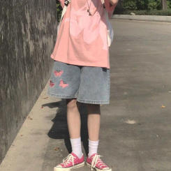 Butterfly Embroidery Jeans Shorts Y2k Streetwear Wide Leg Pants Women Korean Fashion Vintage Kawaii Casual Loose Trousers
