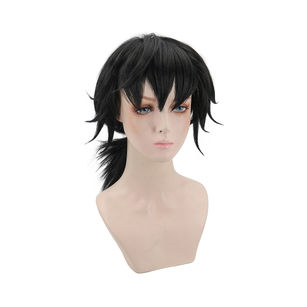 Men Anime Black Ponytail Wig Heat Resistant Cosplay Synthetic Hair with Bangs